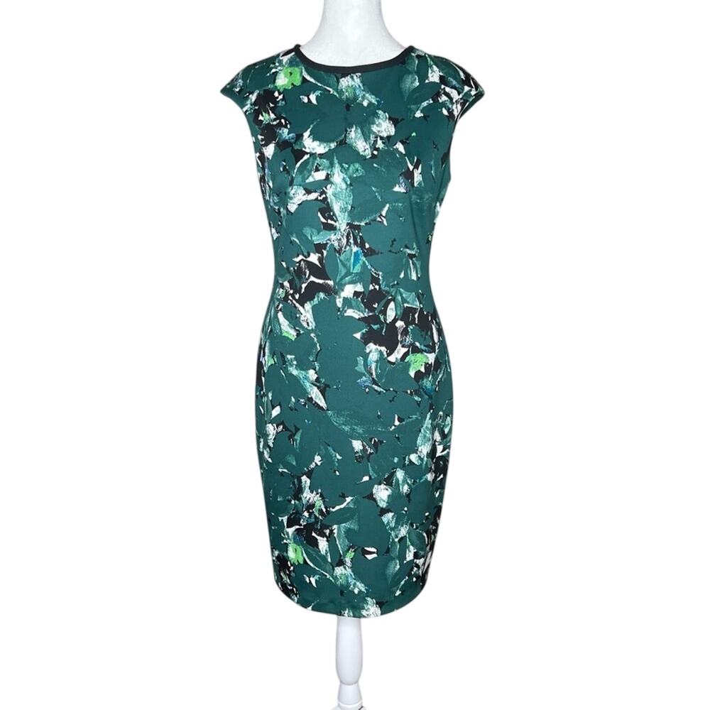 Maggy London Sheath Dress Size 4 Teal Green Abstract Floral Stretch Knit Career